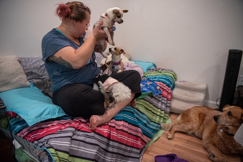 Georgia at Miri's headquarters, which is also her home, with some of her dogs and foster pups.