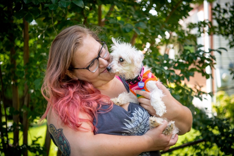 Georgia Dodson with adoptable Cecily. She was abandoned in an empty apartment, made all the more difficult with her blindness. Cecily was skin and bones when rescued, with 11 rotting teeth .